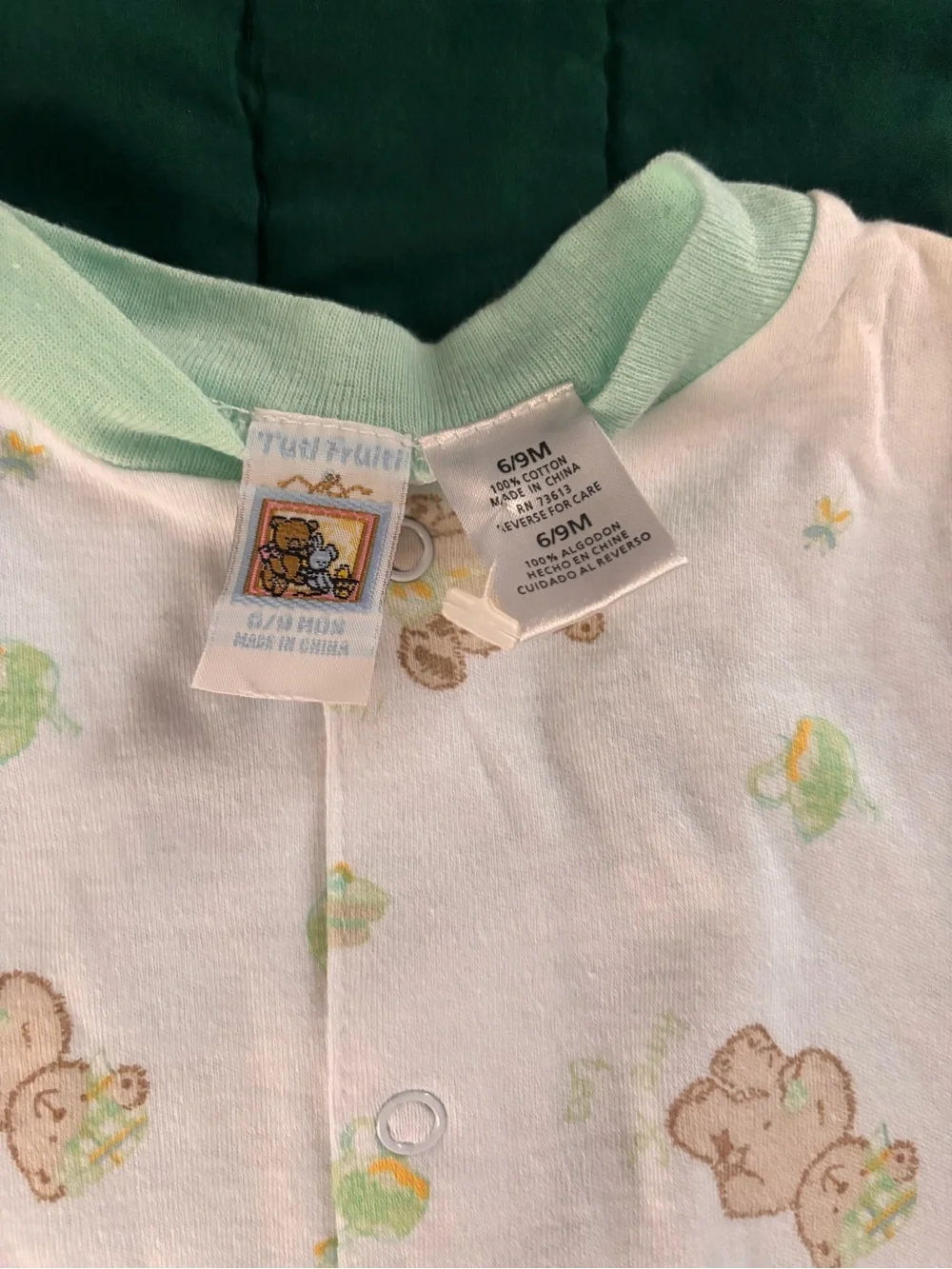 Soft White and Mint Baby One-Piece Footed Sleeper with Bib and Hat